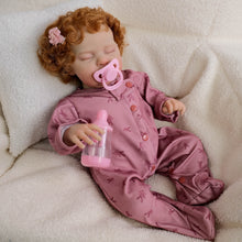 Load image into Gallery viewer, 19&quot; Reborn Doll Teddy with Rooted Brown Curly Hair &amp; Closed Eyes Soft Cloth Body, Full Feeding Set, Fashion Outfit, Huggable Companion
