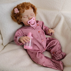 19" Reborn Doll Teddy with Rooted Brown Curly Hair & Closed Eyes Soft Cloth Body, Full Feeding Set, Fashion Outfit, Huggable Companion