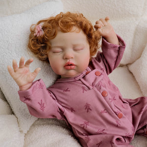 19" Reborn Doll Teddy with Rooted Brown Curly Hair & Closed Eyes Soft Cloth Body, Full Feeding Set, Fashion Outfit, Huggable Companion