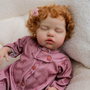 19" Reborn Doll Teddy with Rooted Brown Curly Hair & Closed Eyes Soft Cloth Body, Full Feeding Set, Fashion Outfit, Huggable Companion