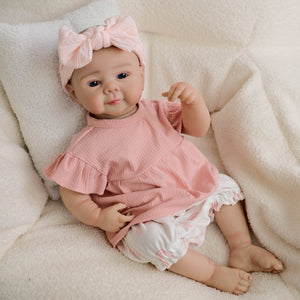 20inch Reborn Baby Girl Juliette - Full Vinyl Body with Hand-Painted Hair & Blue Eyes, Wearing Pink Floral Outfit & Headband