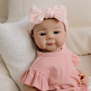 20inch Reborn Baby Girl Juliette - Full Vinyl Body with Hand-Painted Hair & Blue Eyes, Wearing Pink Floral Outfit & Headband