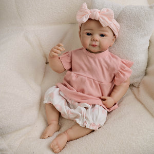 20inch Reborn Baby Girl Juliette - Full Vinyl Body with Hand-Painted Hair & Blue Eyes, Wearing Pink Floral Outfit & Headband