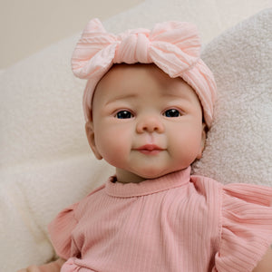20inch Reborn Baby Girl Juliette - Full Vinyl Body with Hand-Painted Hair & Blue Eyes, Wearing Pink Floral Outfit & Headband