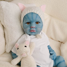 Загрузить изображение в средство просмотра галереи, 20 Inch LouLou Avatar Doll with Sparkling Yellow Glass Eyes, Hand-Painted Head, Avatar Skin Tone, Pink Cardigan &amp; White Shorts, Full Vinyl Body
