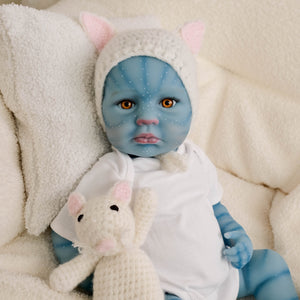 20 Inch LouLou Avatar Doll with Sparkling Yellow Glass Eyes, Hand-Painted Head, Avatar Skin Tone, Pink Cardigan & White Shorts, Full Vinyl Body