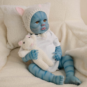 20 Inch LouLou Avatar Doll with Sparkling Yellow Glass Eyes, Hand-Painted Head, Avatar Skin Tone, Pink Cardigan & White Shorts, Full Vinyl Body