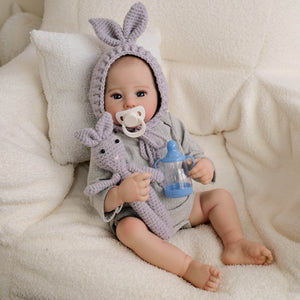 Pinky Reborn 19 Inch Reborn Baby Dolls Raven  Cozy Bunny Baby Doll with Blue Eyes Gray Hoodie Soft Cloth Body for Hugging (48cm)