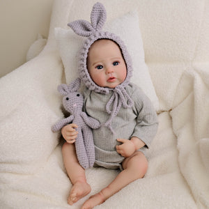 Pinky Reborn 19 Inch Reborn Baby Dolls Raven  Cozy Bunny Baby Doll with Blue Eyes Gray Hoodie Soft Cloth Body for Hugging (48cm)
