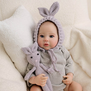 Pinky Reborn 19 Inch Reborn Baby Dolls Raven  Cozy Bunny Baby Doll with Blue Eyes Gray Hoodie Soft Cloth Body for Hugging (48cm)