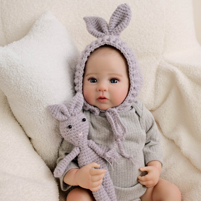 Pinky Reborn 19 Inch Reborn Baby Dolls Raven  Cozy Bunny Baby Doll with Blue Eyes Gray Hoodie Soft Cloth Body for Hugging (48cm)