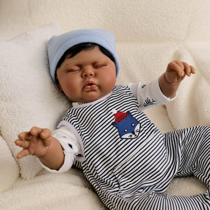19 inch African American Reborn Baby Doll Pickle Realistic Black Skin, Rooted Curly Hair, Soft Cloth Body, Fashion Doll for Play Collection