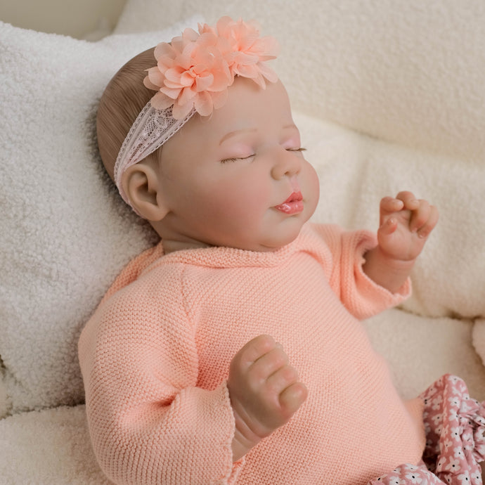 19-inch Reborn Baby Doll Valentina with Hand-Painted Hair Closed Eyes Realistic Soft Cloth Body Infant-Sized Gift for Kid Collectors and New Parents