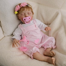 Load image into Gallery viewer, 19&quot; Realistic Reborn Baby Doll Teddy with Rooted Blonde Hair Closed Eyes Soft Cloth Body, Infant-Size Cuddle Doll, Fashion Outfit Set
