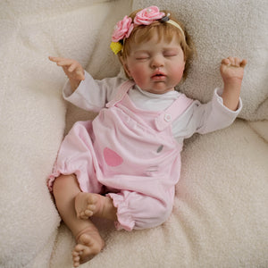 19" Realistic Reborn Baby Doll Teddy with Rooted Blonde Hair Closed Eyes Soft Cloth Body, Infant-Size Cuddle Doll, Fashion Outfit Set