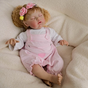 19" Realistic Reborn Baby Doll Teddy with Rooted Blonde Hair Closed Eyes Soft Cloth Body, Infant-Size Cuddle Doll, Fashion Outfit Set
