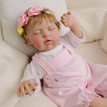 Load image into Gallery viewer, 19&quot; Realistic Reborn Baby Doll Teddy with Rooted Blonde Hair Closed Eyes Soft Cloth Body, Infant-Size Cuddle Doll, Fashion Outfit Set
