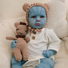 Загрузить изображение в средство просмотра галереи, 20 Inch LouLou Avatar Doll with Sparkling Yellow Glass Eyes, Hand-Painted Head, Avatar Skin Tone, Pink Cardigan &amp; White Shorts, Full Vinyl Body
