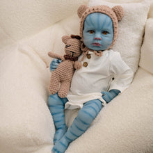 Загрузить изображение в средство просмотра галереи, 20 Inch LouLou Avatar Doll with Sparkling Yellow Glass Eyes, Hand-Painted Head, Avatar Skin Tone, Pink Cardigan &amp; White Shorts, Full Vinyl Body
