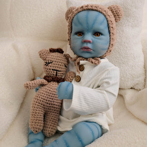 20 Inch LouLou Avatar Doll with Sparkling Yellow Glass Eyes, Hand-Painted Head, Avatar Skin Tone, Pink Cardigan & White Shorts, Full Vinyl Body