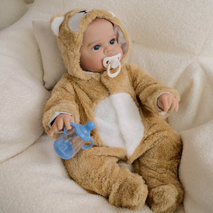 19inch Reborn Doll Hand-Painted Open Eyes Realistic Twins Baby Doll Pickle - Lifelike Collectible Plush Body Doll with Brown Bear Hooded Onesie