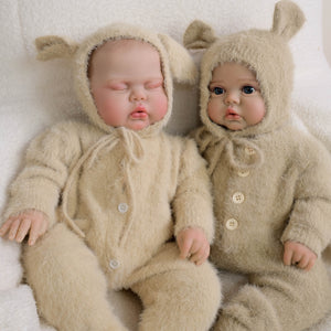 Pickle Twins  19" Reborn Doll Brothers Set  One Awake in Bear Hoodie, One Sleeping in Lamb Onesie  Hand-Painted Collectible Dolls