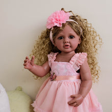 Load image into Gallery viewer, 22inch Reborn Baby Girl Betty Dark Skin Tone with Ombré Afro Curly Hair Blue Eyes, Wearing Pink Rose Gown Set, Full Vinyl Straight Legs
