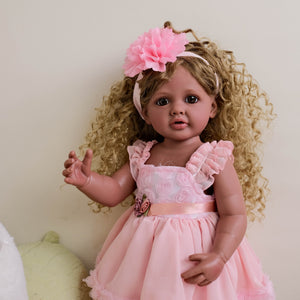 22inch Reborn Baby Girl Betty Dark Skin Tone with Ombré Afro Curly Hair Blue Eyes, Wearing Pink Rose Gown Set, Full Vinyl Straight Legs