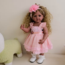 Load image into Gallery viewer, 22inch Reborn Baby Girl Betty Dark Skin Tone with Ombré Afro Curly Hair Blue Eyes, Wearing Pink Rose Gown Set, Full Vinyl Straight Legs
