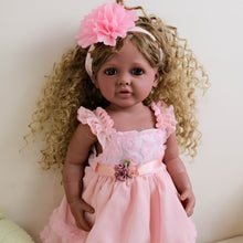 Load image into Gallery viewer, 22inch Reborn Baby Girl Betty Dark Skin Tone with Ombré Afro Curly Hair Blue Eyes, Wearing Pink Rose Gown Set, Full Vinyl Straight Legs
