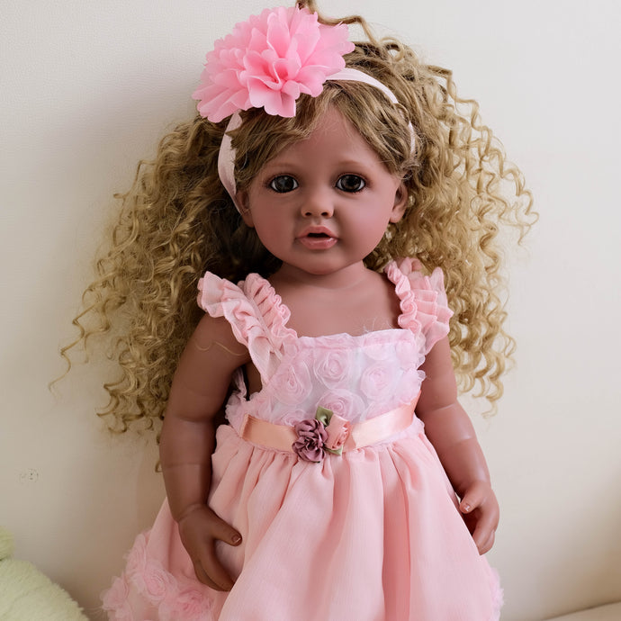 22inch Reborn Baby Girl Betty Dark Skin Tone with Ombré Afro Curly Hair Blue Eyes, Wearing Pink Rose Gown Set, Full Vinyl Straight Legs