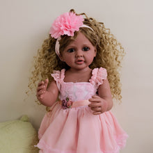Load image into Gallery viewer, 22inch Reborn Baby Girl Betty Dark Skin Tone with Ombré Afro Curly Hair Blue Eyes, Wearing Pink Rose Gown Set, Full Vinyl Straight Legs
