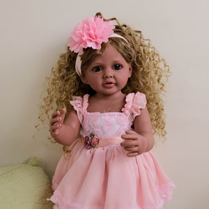 22inch Reborn Baby Girl Betty Dark Skin Tone with Ombré Afro Curly Hair Blue Eyes, Wearing Pink Rose Gown Set, Full Vinyl Straight Legs