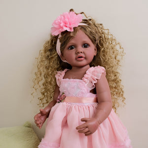 22inch Reborn Baby Girl Betty Dark Skin Tone with Ombré Afro Curly Hair Blue Eyes, Wearing Pink Rose Gown Set, Full Vinyl Straight Legs