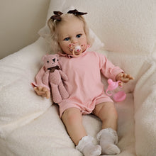 Load image into Gallery viewer, 24inch Reborn Baby Girl Ellie - Blonde Rooted Hair in Pigtails &amp; Blue Eyes, Pink Sheer Overalls with White Onesie, Plush Body &amp; Butterfly Pacifier
