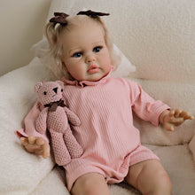 Load image into Gallery viewer, 24inch Reborn Baby Girl Ellie - Blonde Rooted Hair in Pigtails &amp; Blue Eyes, Pink Sheer Overalls with White Onesie, Plush Body &amp; Butterfly Pacifier
