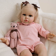 Load image into Gallery viewer, 24inch Reborn Baby Girl Ellie - Blonde Rooted Hair in Pigtails &amp; Blue Eyes, Pink Sheer Overalls with White Onesie, Plush Body &amp; Butterfly Pacifier
