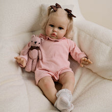Load image into Gallery viewer, 24inch Reborn Baby Girl Ellie - Blonde Rooted Hair in Pigtails &amp; Blue Eyes, Pink Sheer Overalls with White Onesie, Plush Body &amp; Butterfly Pacifier
