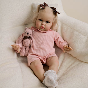 24inch Reborn Baby Girl Ellie - Blonde Rooted Hair in Pigtails & Blue Eyes, Pink Sheer Overalls with White Onesie, Plush Body & Butterfly Pacifier