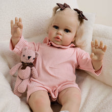 Load image into Gallery viewer, 24inch Reborn Baby Girl Ellie - Blonde Rooted Hair in Pigtails &amp; Blue Eyes, Pink Sheer Overalls with White Onesie, Plush Body &amp; Butterfly Pacifier
