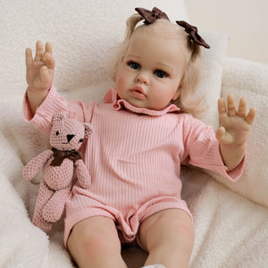 24inch Reborn Baby Girl Ellie - Blonde Rooted Hair in Pigtails & Blue Eyes, Pink Sheer Overalls with White Onesie, Plush Body & Butterfly Pacifier