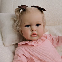 Load image into Gallery viewer, 24inch Reborn Baby Girl Ellie - Blonde Rooted Hair in Pigtails &amp; Blue Eyes, Pink Sheer Overalls with White Onesie, Plush Body &amp; Butterfly Pacifier
