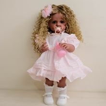 Load image into Gallery viewer, 22inch Reborn Baby Girl Betty Dark Skin Tone with Ombré Afro Curly Hair Blue Eyes, Wearing Pink Rose Gown Set, Full Vinyl Straight Legs
