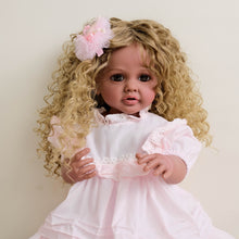 Load image into Gallery viewer, 22inch Reborn Baby Girl Betty Dark Skin Tone with Ombré Afro Curly Hair Blue Eyes, Wearing Pink Rose Gown Set, Full Vinyl Straight Legs
