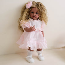 Load image into Gallery viewer, 22inch Reborn Baby Girl Betty Dark Skin Tone with Ombré Afro Curly Hair Blue Eyes, Wearing Pink Rose Gown Set, Full Vinyl Straight Legs
