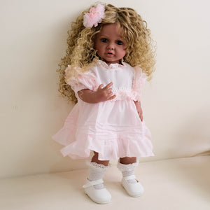 22inch Reborn Baby Girl Betty Dark Skin Tone with Ombré Afro Curly Hair Blue Eyes, Wearing Pink Rose Gown Set, Full Vinyl Straight Legs