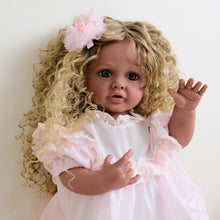 Load image into Gallery viewer, 22inch Reborn Baby Girl Betty Dark Skin Tone with Ombré Afro Curly Hair Blue Eyes, Wearing Pink Rose Gown Set, Full Vinyl Straight Legs
