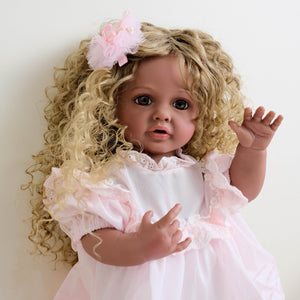 22inch Reborn Baby Girl Betty Dark Skin Tone with Ombré Afro Curly Hair Blue Eyes, Wearing Pink Rose Gown Set, Full Vinyl Straight Legs