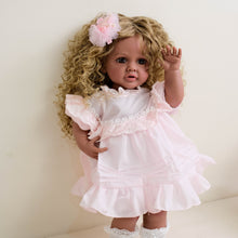 Load image into Gallery viewer, 22inch Reborn Baby Girl Betty Dark Skin Tone with Ombré Afro Curly Hair Blue Eyes, Wearing Pink Rose Gown Set, Full Vinyl Straight Legs
