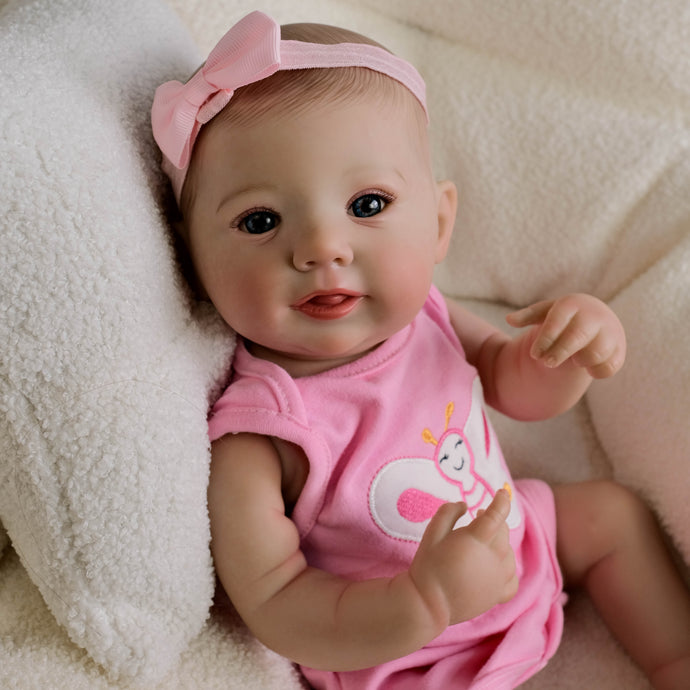 19inch Reborn Baby Girl Abigail - Realistic Full Vinyl Body with Hand-Painted Blue Eyes, Wearing Pink Butterfly Snap-On & Headband